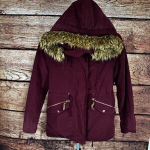 Love Tree Burgundy Utility Jacket with Faux Fur